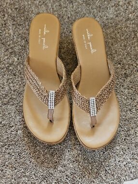 Mila Paoli Braided Tan Flip Flop Sandals with Rhinestone Accent